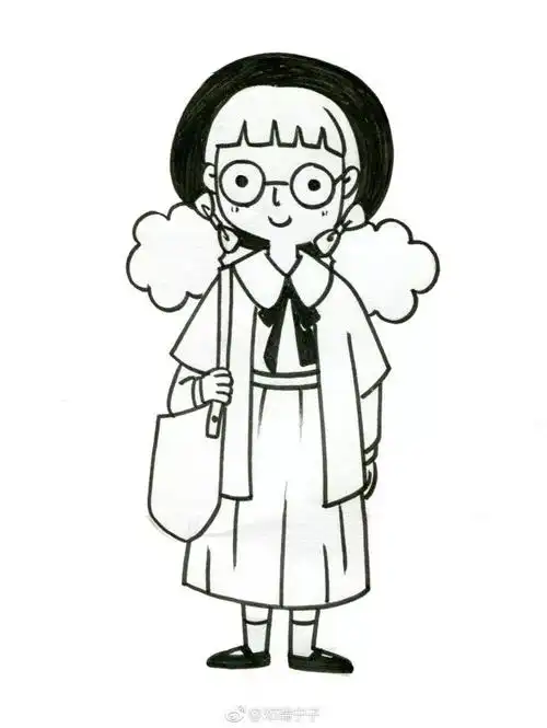 手帐素材丨一组萌萌哒小女孩黑白简笔画线稿