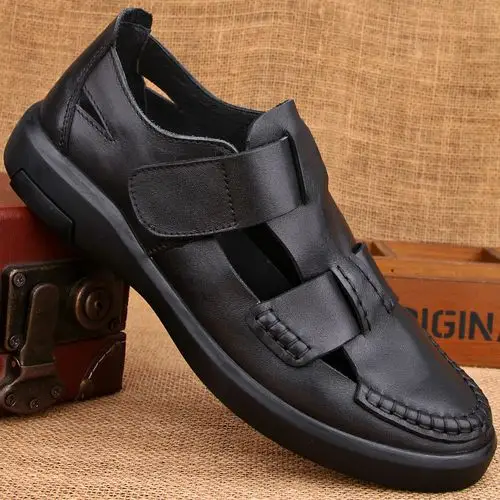 男士凉鞋男真皮夏季防滑韩版休闲透气洞洞鞋包头皮凉鞋镂空皮鞋男