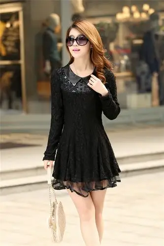 yinafeiru韩版蕾丝花边连衣裙长袖修身打底裙厂家现货批发7181