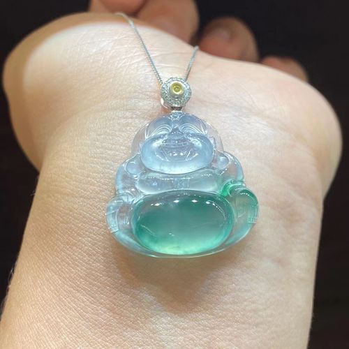 翡翠弥勒佛项链女冰种阳绿玉佛吊坠缅甸天然a货18k金镶嵌佛公吊坠