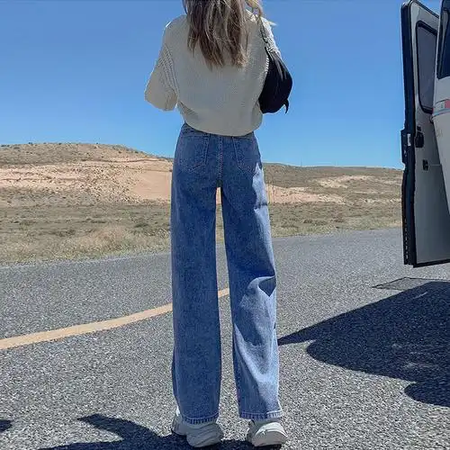 裤子潮高腰阔腿牛仔裤女春秋装年新款显瘦小个子宽松垂感拖地浅蓝色xs