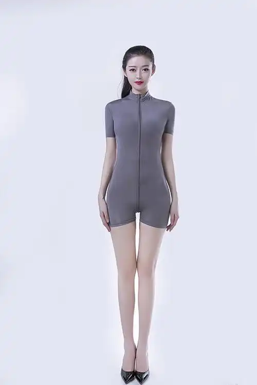短袖连体衣双头拉链开裆性感紧身弹力女夏季健身瑜伽内衣短裤 黑色