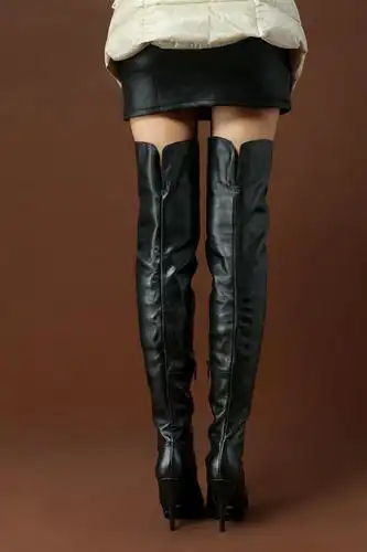 细跟防水台真皮超长过膝长靴头层牛皮高跟长筒大腿靴女定做筒高围