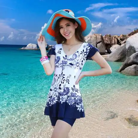 2014青花瓷平角女游泳衣聚拢中国风保守大码优雅显瘦遮肚连体带袖