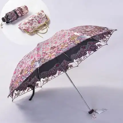 天堂伞高档三折叠超轻黑胶刺绣花蕾丝遮阳伞防紫外线防晒太阳伞女_7折