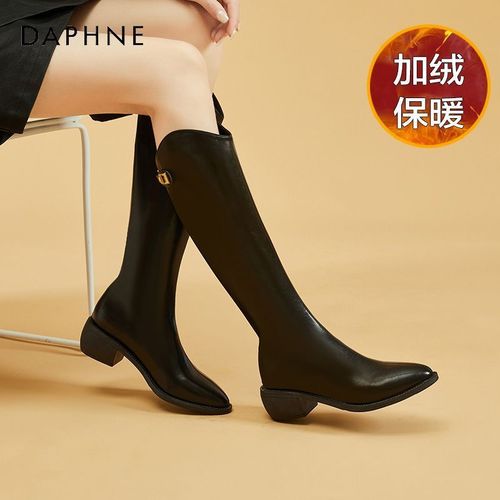 达芙妮不过膝靴新款高跟皮靴女加绒长筒骑士靴高筒女鞋子长腿女靴