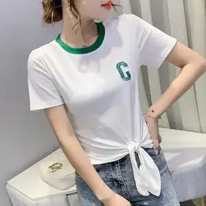下摆打结t恤女短袖夏小众设计感系带不规则上衣修身丅恤半袖ins潮