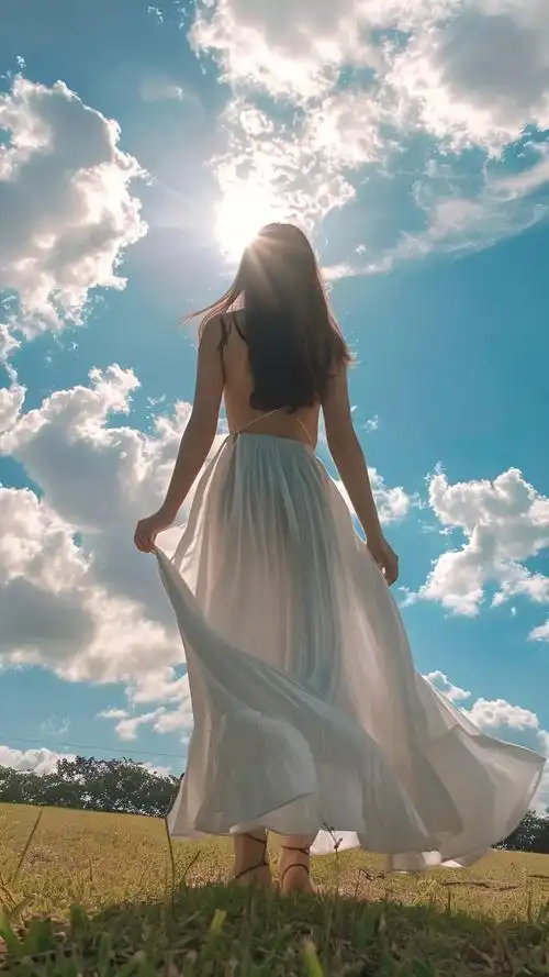 白衣长裙女孩背影晚霞女背影视频特效素材