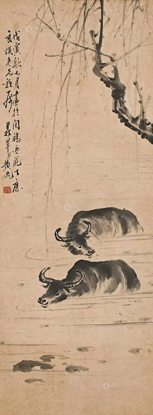 0343河边水牛立轴设色纸本