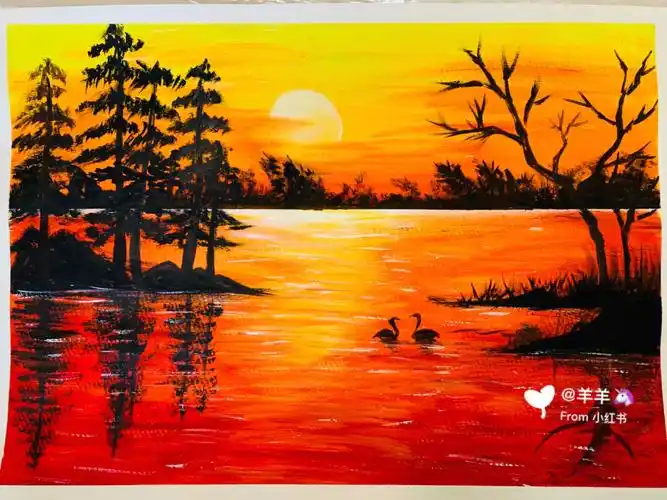 水粉画夕阳西下