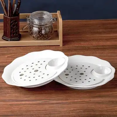 陶瓷饺子盘沥水双层盘带醋碟家用圆形多功能大号点心盘子菜盘汤盘