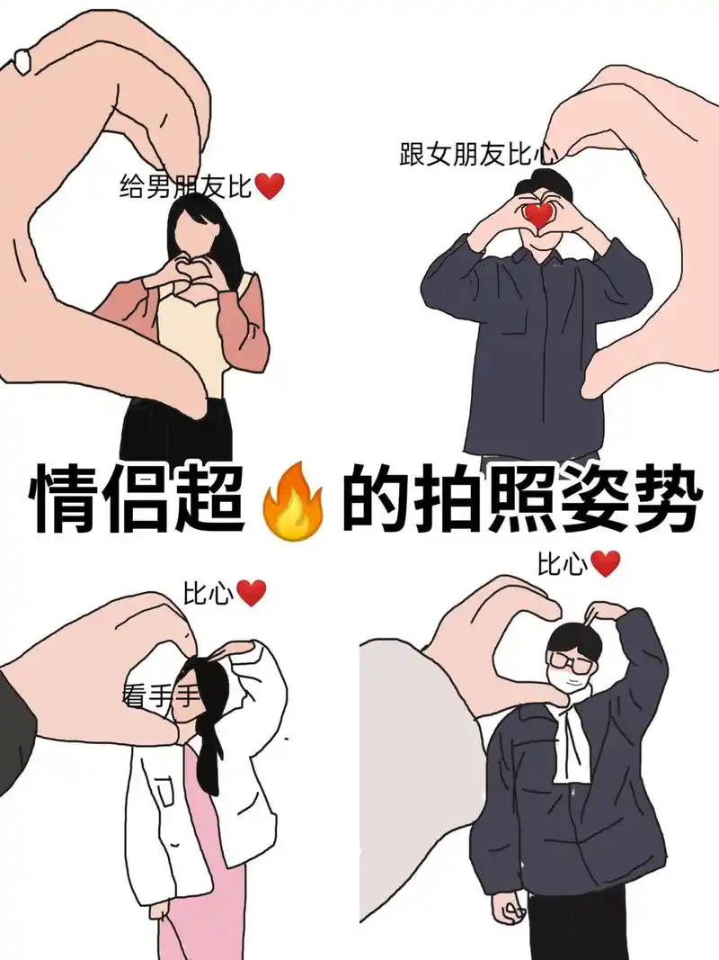 女生手势放大,男生给女朋友比心. 女生举手比心,男生比心与其相对.