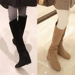 磨砂真皮长靴女秋冬新款内增高中筒靴平底圆头高筒靴小个子长筒靴