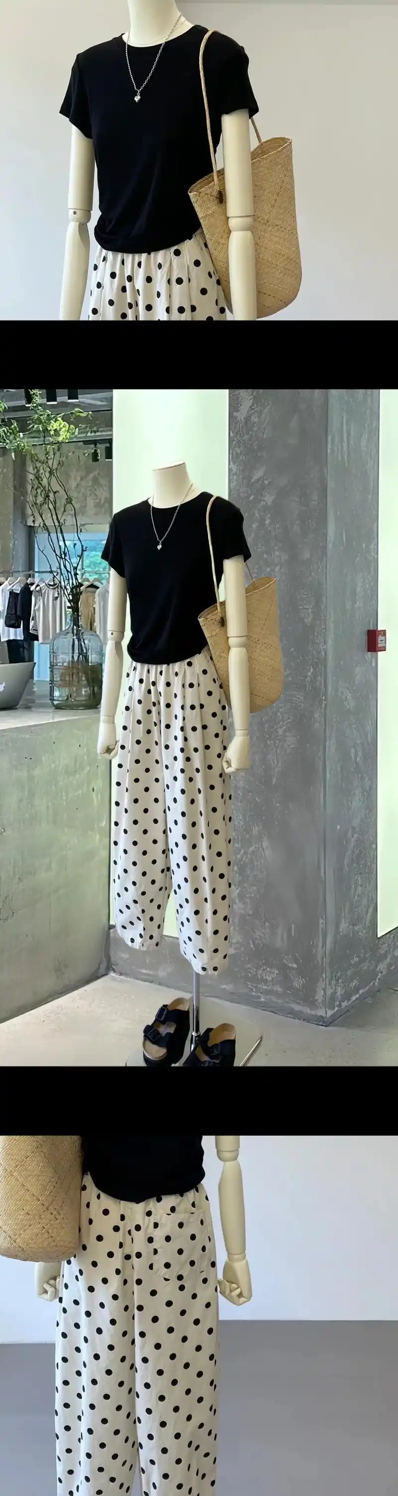 黑色t恤波点休闲裤穿搭.