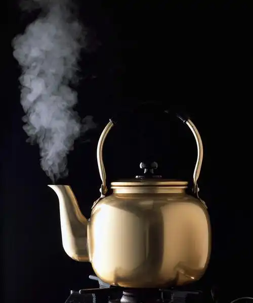 正面,雾,静物,金属制品,沸腾,黑色背景,金属,蒸汽,壶,银色,水蒸气