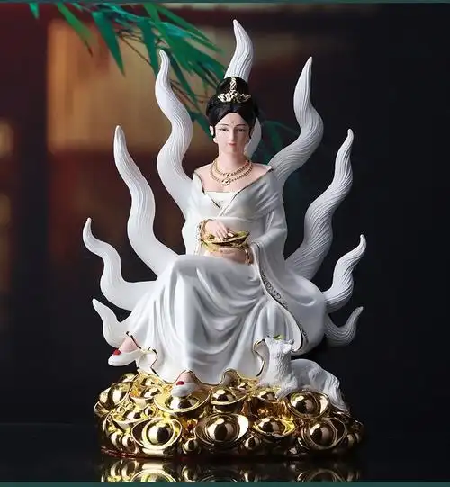 绿野客 九尾狐仙像 九尾娘娘神像汉白玉佛像供奉摆件九姑娘像白狐像