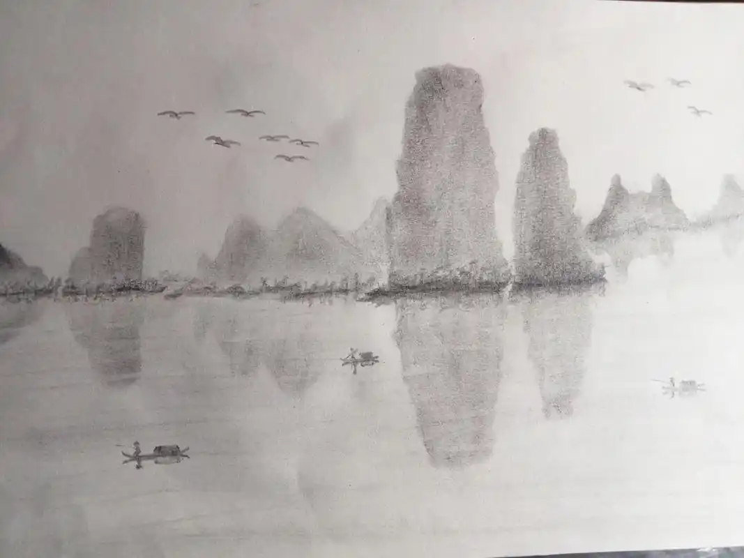 桂林山水画 - 素描山水画 - 抖音