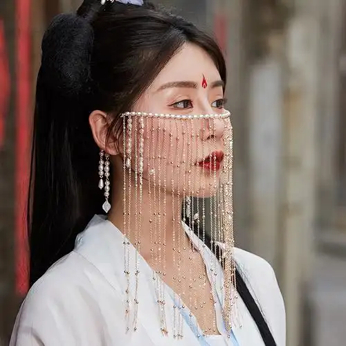 皇磊面纱古风 汉服流苏面帘古风遮脸古装流苏古代配饰品脸帘头饰