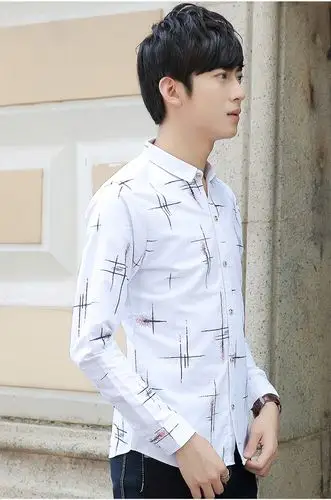 2018春季新品男装长袖男士衬衫韩版修身时尚流行印花青年衬衣潮