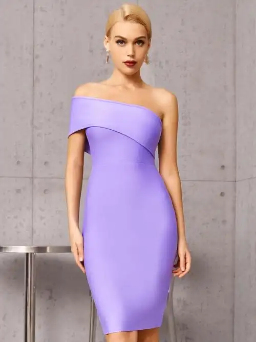 浅紫色一字肩弹力修身性感派对聚会连衣裙herveleger绷带裙礼服