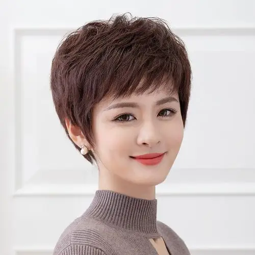 假发女短发全头套造型纹理烫全手织真人发丝斜刘海假发女短真发套-mc