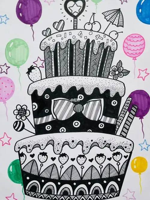 挑战100幅画第50幅线描蛋糕