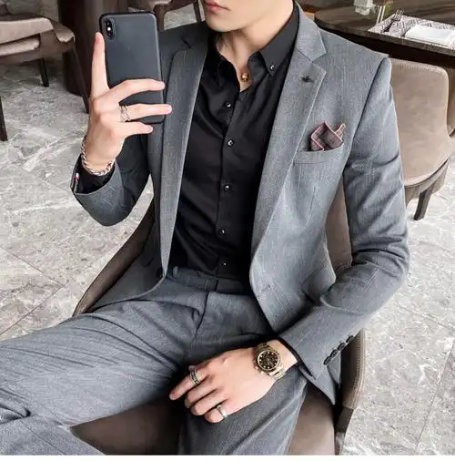 帅气西装男套装青年韩版潮流修身一套结婚休闲西服外套中灰色西装黑色