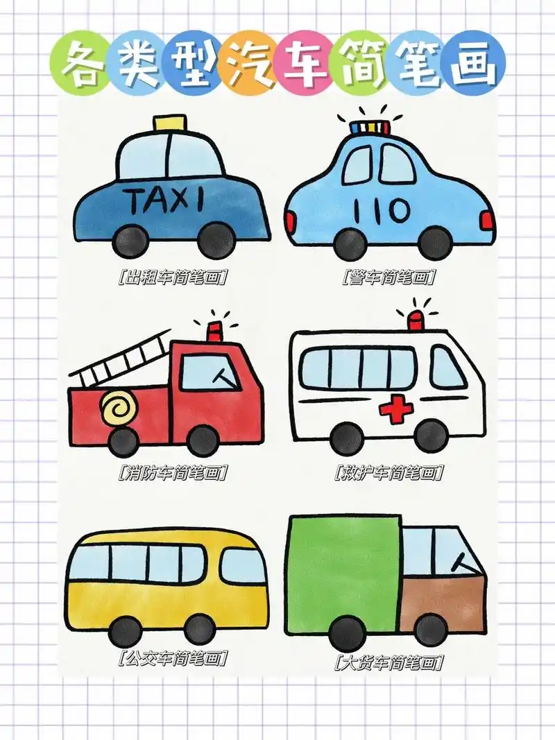 各类型汽车简笔画.第一步,先画出每一辆车的轮胎 第二步,链接 - 抖音