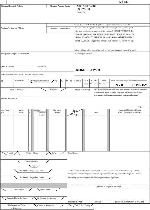 空运出口提单样本