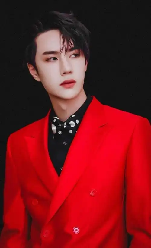 王一博休闲牛仔 长裤造型少年郎十足,而大红西装造型耀眼惊艳