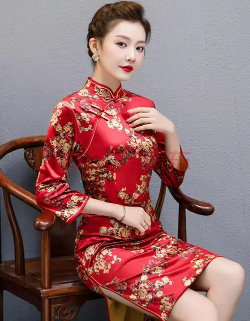七分袖优雅金丝绒连衣裙新款春夏气质旗袍4050岁中年女装裙 红色梅花