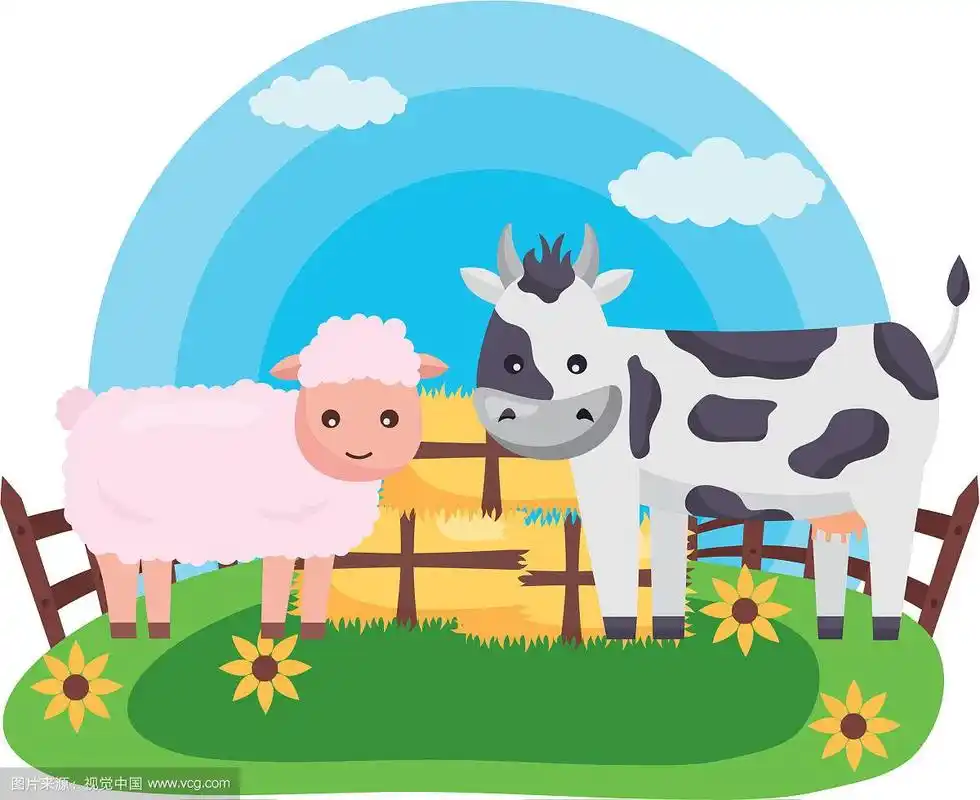 农场里的羊和牛成捆的干草