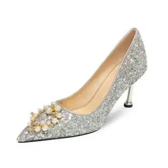 新款珍珠秀禾新娘鞋结婚鞋亮片高跟鞋女婚纱水晶鞋银色8厘米39标准码