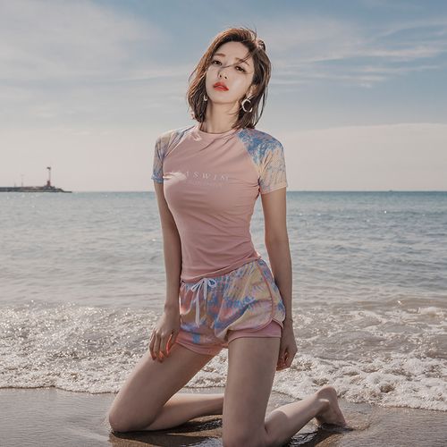 运动款专业游泳衣女分体平角裤保守遮肚显瘦温泉大码胖mm学生泳装