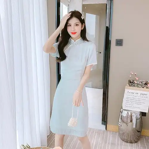 小矮个子150cm显高155xxs新款女装系青绿色旗袍轻款日常清新裙女