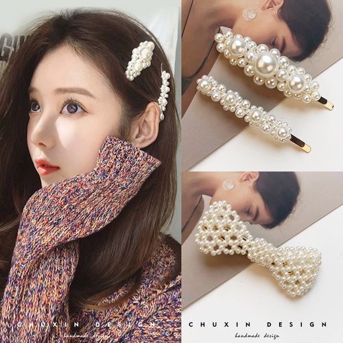 气质甜美珍珠发夹日韩系圆形蝴蝶结一字夹刘海网红发卡夹子头饰女