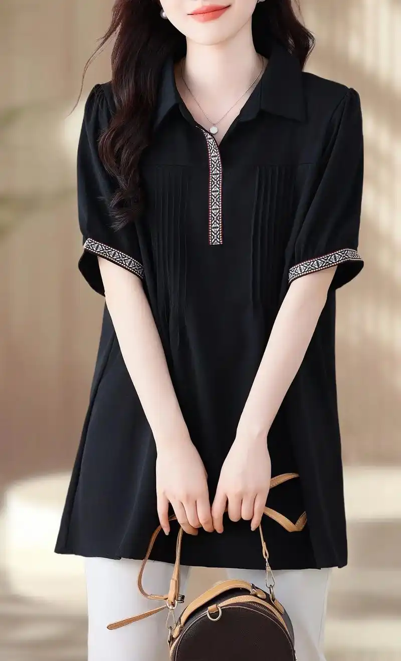 复古刺绣大码女装200斤中长款宽松遮肚子显瘦短袖黑色