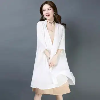 桑蚕丝开衫春夏中长款披肩外套衣女夏季薄款长外搭上衣披衬衫白色s