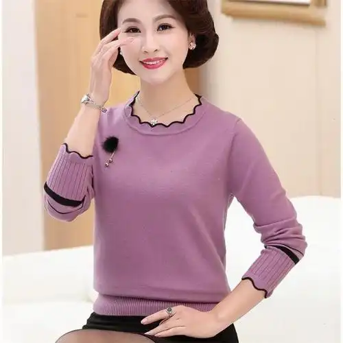 【junfangya】中年女秋装打底衫长袖中老年妈妈装春秋套头毛衣针织衫