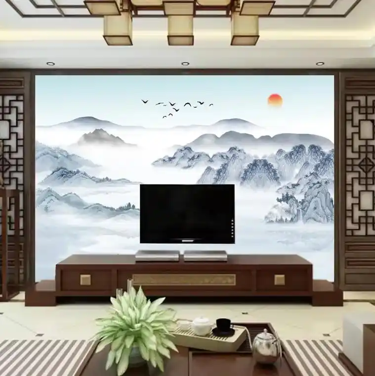 新中式山水意境风格壁画电视背景墙壁布推荐