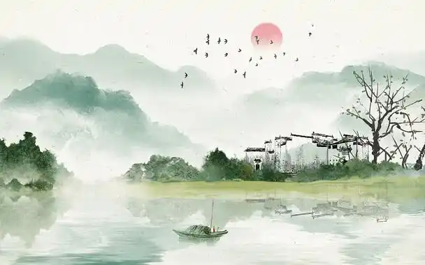 古风水墨新中式水彩复古建筑山水江南水乡手绘卡通插画海报