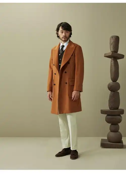 hany金棕羊绒马球大衣男双排扣羊毛高端商务休闲毛呢长款男士外套