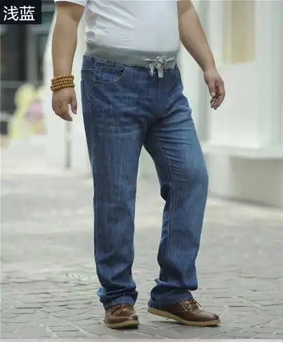 春夏薄款牛仔裤男加肥加大码宽松牛仔长裤高腰胖人松紧腰直筒长裤