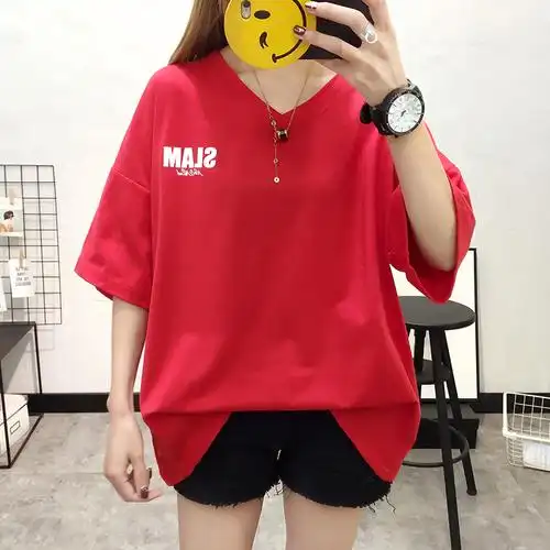 夏装韩版大码女装胖妹妹宽大显瘦短袖t恤女胖mm200斤半袖v领上衣