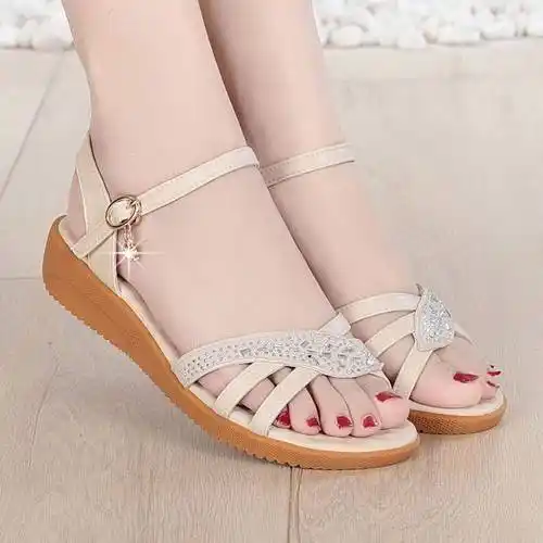 豹瑟(baose)2022夏季女平底妈妈凉鞋防滑软底中年舒适百搭水钻凉鞋女