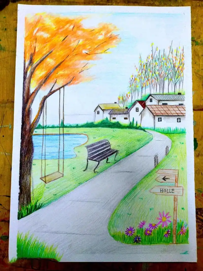 田园秋景(彩铅风景附步骤图) 喜欢这种田园秋季美景,有水有树林,还有