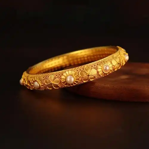 沙金古法十全十美珍珠手镯女款花丝镶嵌黄铜镀金仿真金复古手环