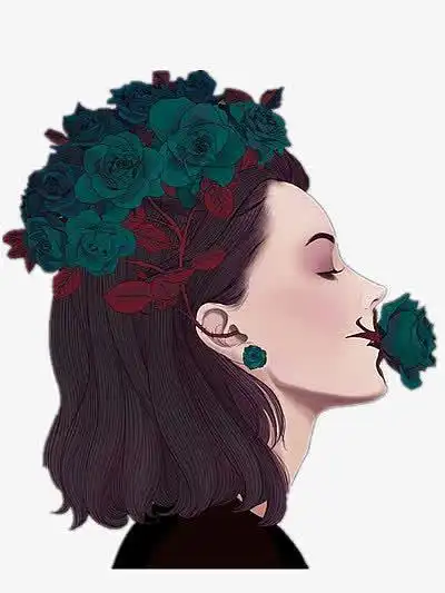嘴叼绿色玫瑰的女生