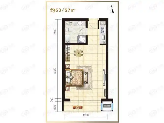 银龄公寓53-57㎡一室一厅一卫户型图