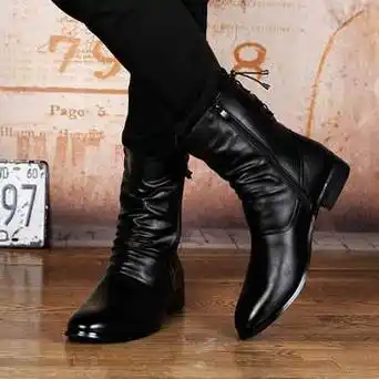 秋冬季英伦时尚皮鞋男靴高帮尖头马丁靴男中筒加绒保